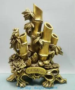 13"China Pure Bronze Wealth Toad Cicada Animal Bamboo Peony Flower Statue