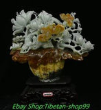 17.3'' Natural Xiu Jade Carve Lily Flower Butterfly Potted Plants Bonsai Statue
