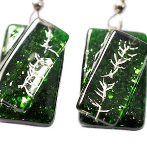 Fused glass earrings of real fossils on green aventurine glass