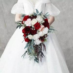 Burgundy red white roses bride bouquet, holding btide bouquet,  cascade wedding bouquet,  home decor, bridesmaids bouquet, velvety rose