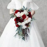 Burgundy red white roses bride bouquet, holding btide bouquet,  cascade wedding bouquet,  home decor, bridesmaids bouquet, velvety rose