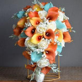 Faux Burnt Orange Fall Bridal Bouquet, Real Touch Calla Lilies, Ivory Roses Autumn Wedding Bouquet, Orange Blue Bouquet, Orange Boutonnieres