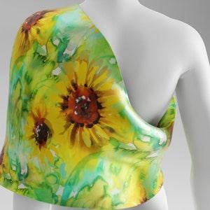 Sunflower silk Scarf, Floral Silk Scarf for Women, Hand painted Silk Scarf Green Yellow Birthday Gifts for her Headscarf Silk Shawl Mom Gift
