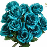 12 Open Dark Teal Roses, Artificial Flowers, 4" Head, Wedding Arrangement, Bridal Bouquet, Centerpiece, Fake Roses, Faux Stems, Silk Blue