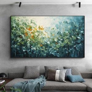 Original Lush Plants Oil Painting on Canvas, Large Wall Art Blue Decor, Abstract Green Leaf Art, Custom Painting Living Room Home Decor Gift