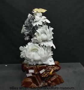 20"" China Natural Xiu Jade Carved Fengshui Peony Flower Buttrefly Wealth Statue
