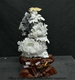 20"" China Natural Xiu Jade Carved Fengshui Peony Flower Buttrefly Wealth Statue