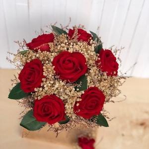 Red Rose Bridal Bouquet, Classic Wedding Red Rose Bouquet, Rustic Boho Flower Bouquet, Rose Design, Rose and Dried Flower