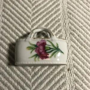 Small Mini White Ceramic Glazed Basket Trinket Gold Edge Pink Carnation Flower