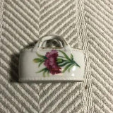 Small Mini White Ceramic Glazed Basket Trinket Gold Edge Pink Carnation Flower