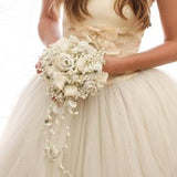 Flower Bridal Bouquet made with Vintage Ivory Wax Flowers Vintage Wedding Bouquet in Ivory with Wax Flower Roses and Ribbon with long trails