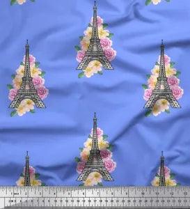 Soimoi Blue Cotton Poplin Fabric Leaves,Peony & Eiffel Tower Architectural-Ftu