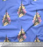 Soimoi Blue Cotton Poplin Fabric Leaves,Peony & Eiffel Tower Architectural-Ftu