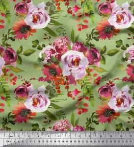 Soimoi Green Velvet Fabric Leaves & Peony Floral Fabric Prints By-1DZ