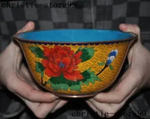 6"old Ancient Chinese dynasty bronze Cloisonne peony flower statue Tea cup Bowl