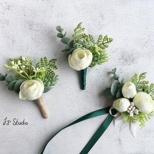 Ivory Silk Ranunculus Fake Eucalyptus Fern Hops Boutonniere Corsage Set Wedding Prom Artificial Flower Decor Faux Wristlet Buttonhole Rustic