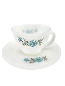 Vtg Fire King Bonnie Blue Carnation Flower Coffee Tea Cup And Saucer