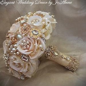 ELEGANT BROOCH BOUQUET, Pink Ivory and Gold Jeweled Bridal Bouquet,Silk Flower Wedding Bouquet, Gold Jewelry Bouquet, Deposit