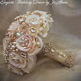 ELEGANT BROOCH BOUQUET, Pink Ivory and Gold Jeweled Bridal Bouquet,Silk Flower Wedding Bouquet, Gold Jewelry Bouquet, Deposit