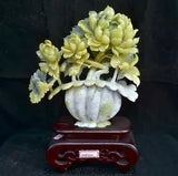 16.4" Natural Green Xiu Jade Jadeite Carved Peony Flower Birds Basket Statue