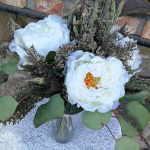 Wedding peonies bouquet White artificial peonies and wild grass bouquet Rustic bridal bouquet boho style