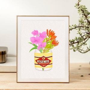 Australian Native Flowers in Vintage Vegemite Jar, Illustration Print, Art Print, Wall Decor, Vegemite Print, Australia Print, Handmade