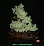 16.5"China Fine Natural Xiu Jade Fengshui Peony Flower Bird Animal Statue