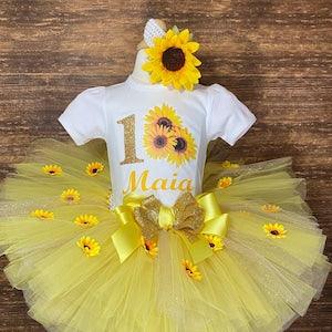 Sunflower Girl Tutu Set / Birthday outfit / One / Second / Gold Glitter and Yellow /