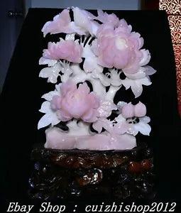 15" Exquisite Natural Pink Xiu Jade Carve Peony Tree Flower Bird Magpie Statue
