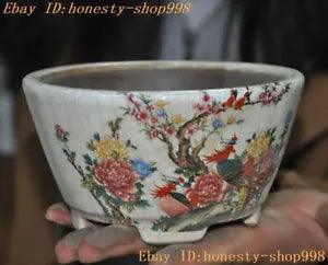 5'' Marked Chinese Yixing zisha painted peony Plum blossom bird statue Flowerpot