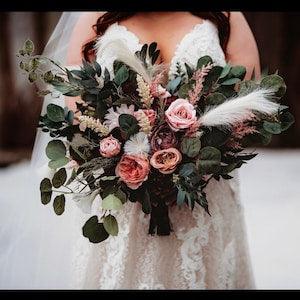 Boho bouquet Pampas grass Dusty rose mauve burgundy bridal bouquet Faux bouquet Fall wedding  Silk flowers Boho wedding- width 20 inch