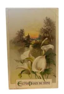 John Winsch 1912 Easter Postcard, White Calla Lilies, Church, Village Landscape