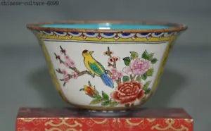 3'' China bronze Cloisonne animal flower peony bird Dynasty palace Tea cup Bowl