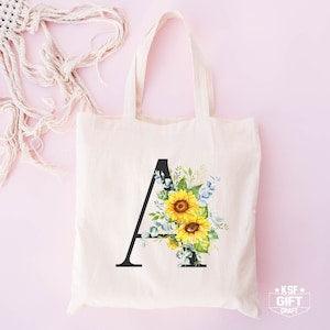Sunflower Letter Tote Bag, Bridesmaid Tote, Birthday Tote, Personalized Tote Bag, Gift For Her, Bride Tote Bag, Bachelorette Tote, Mom Gift