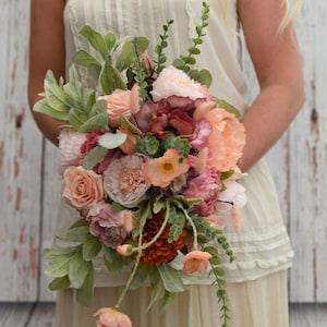 Melon Medley Poppy Peony Rose Bridal Flowers/ Bridal Bouquet/Bridesmaid Bouquet/Buttonholes x 4/Corsage Brooch/Clip/Boutonniere Flower Pin