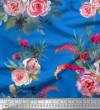 Soimoi Blue Velvet Fabric Leaves & Ranunculus Floral Fabric Prints-VKN