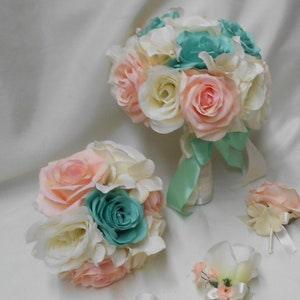 Wedding Silk Flower Bridal Bouquet 18 pieces Package Ivory Peach Mint Rose  Bride Bridesmaids Boutonnieres Corsages New