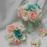 Wedding Silk Flower Bridal Bouquet 18 pieces Package Ivory Peach Mint Rose  Bride Bridesmaids Boutonnieres Corsages New