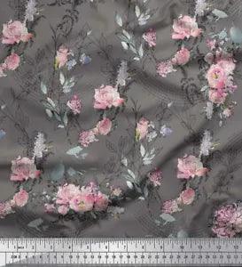 Soimoi Gray Cotton Poplin Fabric Blossom & Peony Floral Print Fabric-4Ie