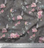 Soimoi Gray Cotton Poplin Fabric Blossom & Peony Floral Print Fabric-4Ie