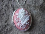 LILY OF THE VALLEY (WHITE / PINK) CAMEO SILVER PLATED LOCKET - QUALITY