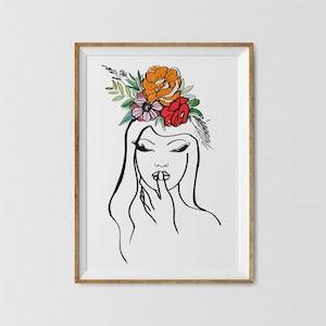 Minimalist Female Line Drawing, Floral Head Art Print, Rose Bouquet Wall Art, Woman With Flowers, Head Of Flowers Art Print, Modern Female