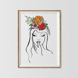 Minimalist Female Line Drawing, Floral Head Art Print, Rose Bouquet Wall Art, Woman With Flowers, Head Of Flowers Art Print, Modern Female