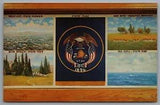 Utah State Symbols Blue Spruce Sea Gull Sego Lily State Flag c1958 Postcard