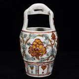 10.6" China Porcelain yuan dynasty famille rose gilt peony flower bucket Statue