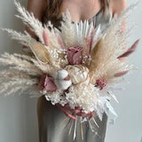 Large Pampas Bridal Bouquet with Real Preserved Roses and Palm Leaves