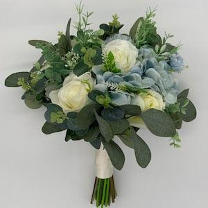 Dusty / Dusky Blue Artificial Bridal Bouquet - Wedding Flowers - Faux Flowers
