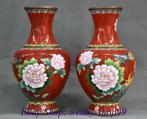 15" China Bronze Red Cloisonne Enamel Dynasty Bird Peony Flower Bottle Vase Pair
