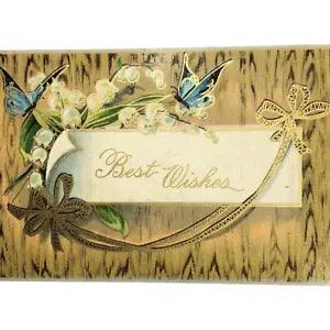 Antique Vintage Best Wishes Postcard Gilt Embossed Butterflies & Lily Of Valley