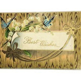 Antique Vintage Best Wishes Postcard Gilt Embossed Butterflies & Lily Of Valley